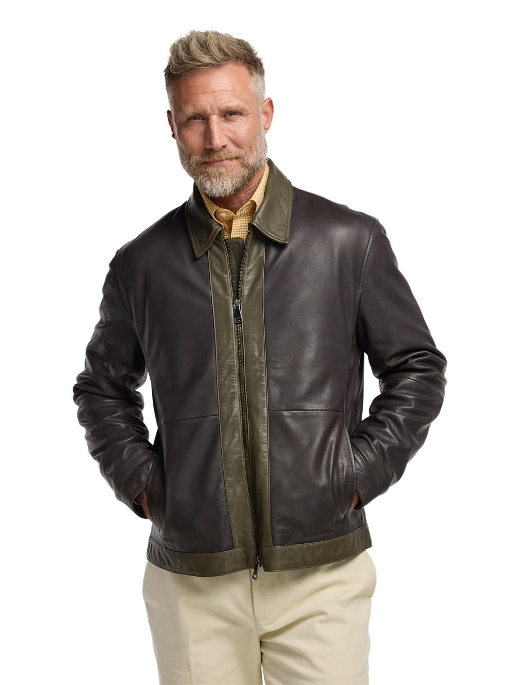 Leather Color Block Jacket - Dark Brown/olive Product Image