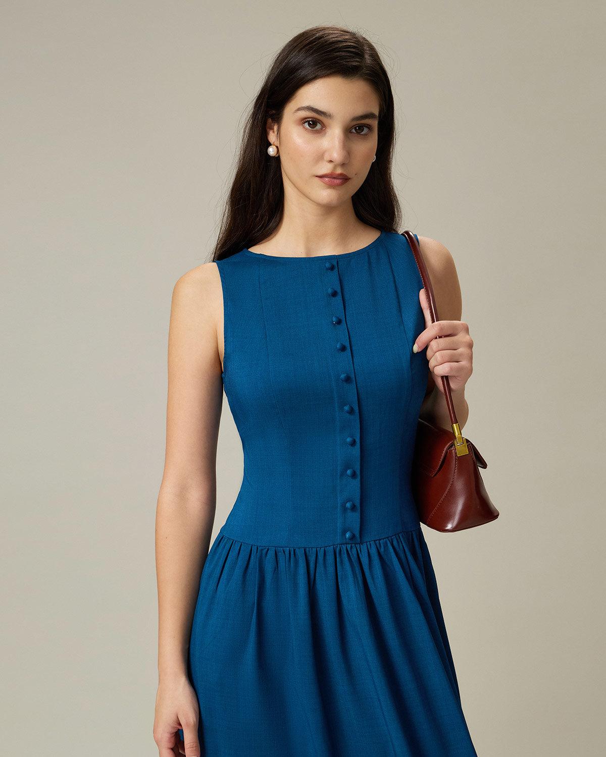 Blue Boat Neck Button Pocket Midi Dress Product Image