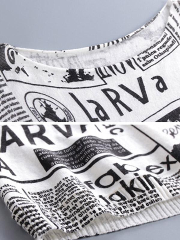 Vintage Loose One-Shoulder Newspaper Printed Split-Joint Sweater Product Image