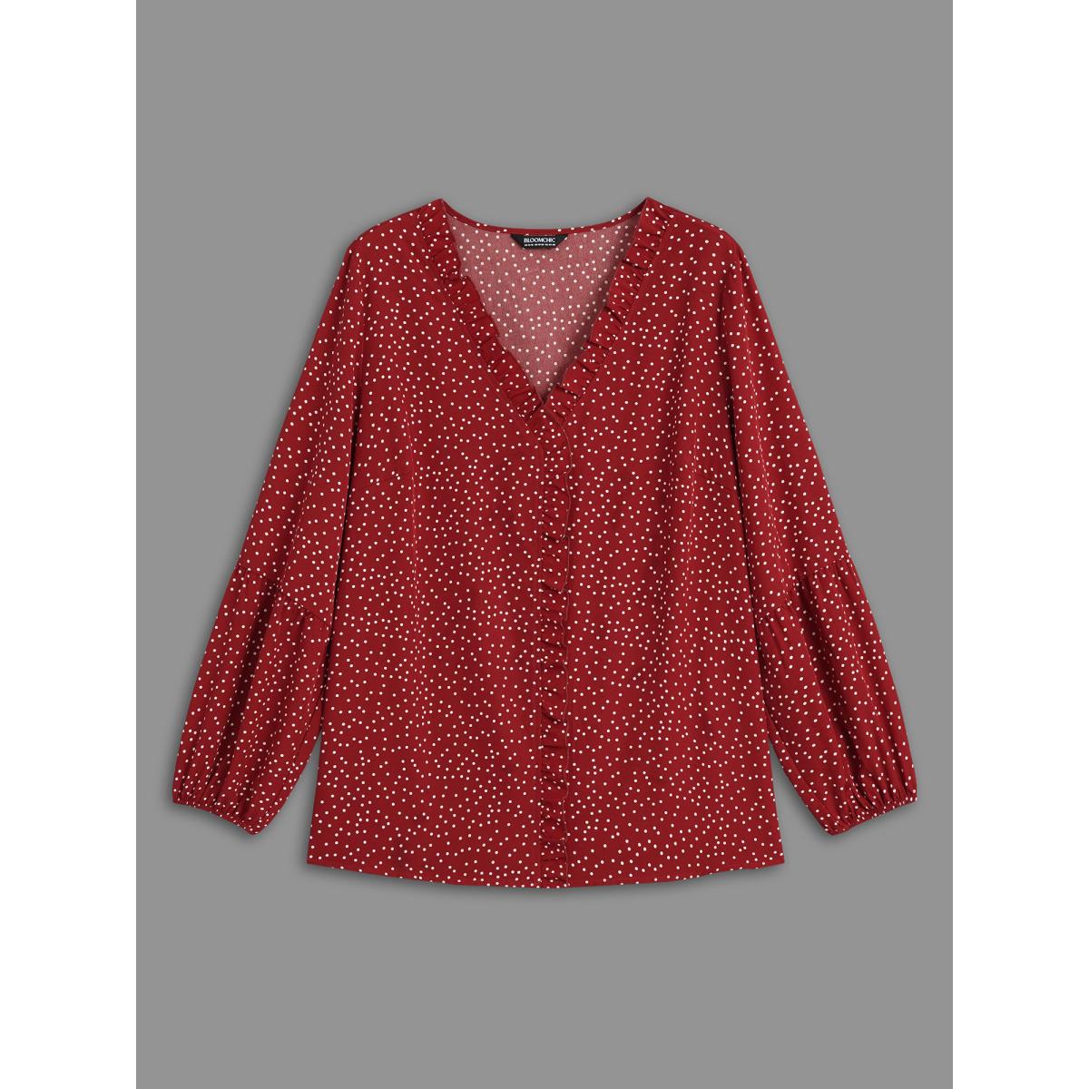 Plus Size Scarlet V-Neck Polka Dot Ruffled Blouse Women Elegant Long Sleeve V-neck Everyday Blouses BloomChic 28/5X Product Image
