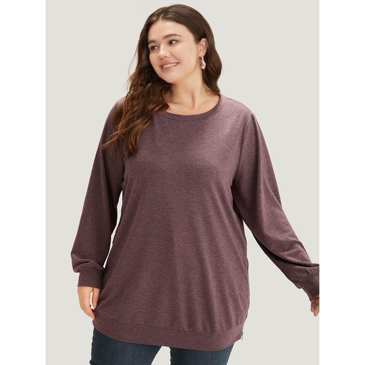 Plus Size Plain Zipper Round Neck Elastic Cuffs Sweatshirt Women Mauve Casual Elastic cuffs Round Neck Dailywear Sweatshirts BloomChic 18-20/2X Product Image