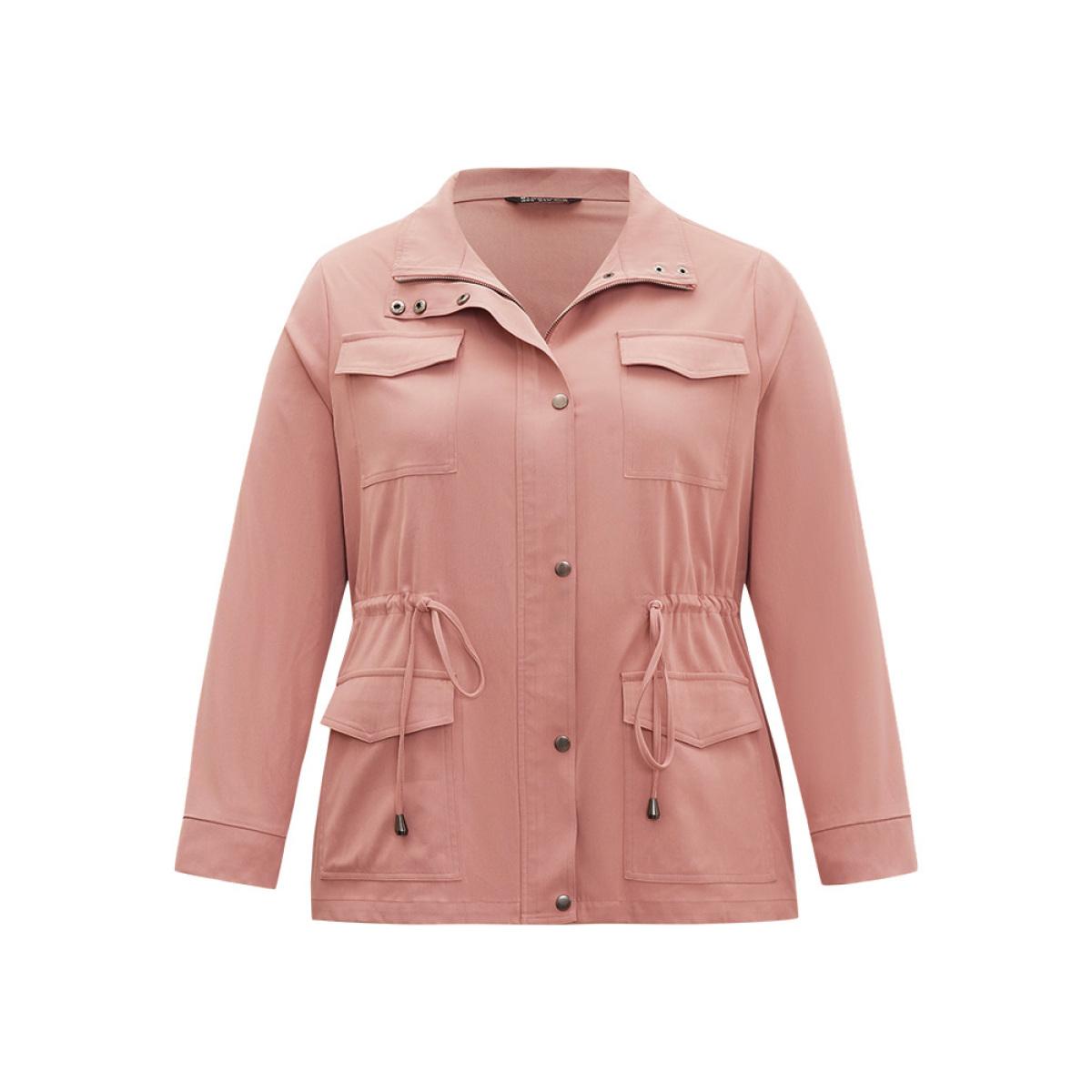 Plus Size Plain Pocket Button Through Drawstring Zipper Coat Women Rouge Plain Pocket Dailywear Jackets BloomChic 28/5X Product Image