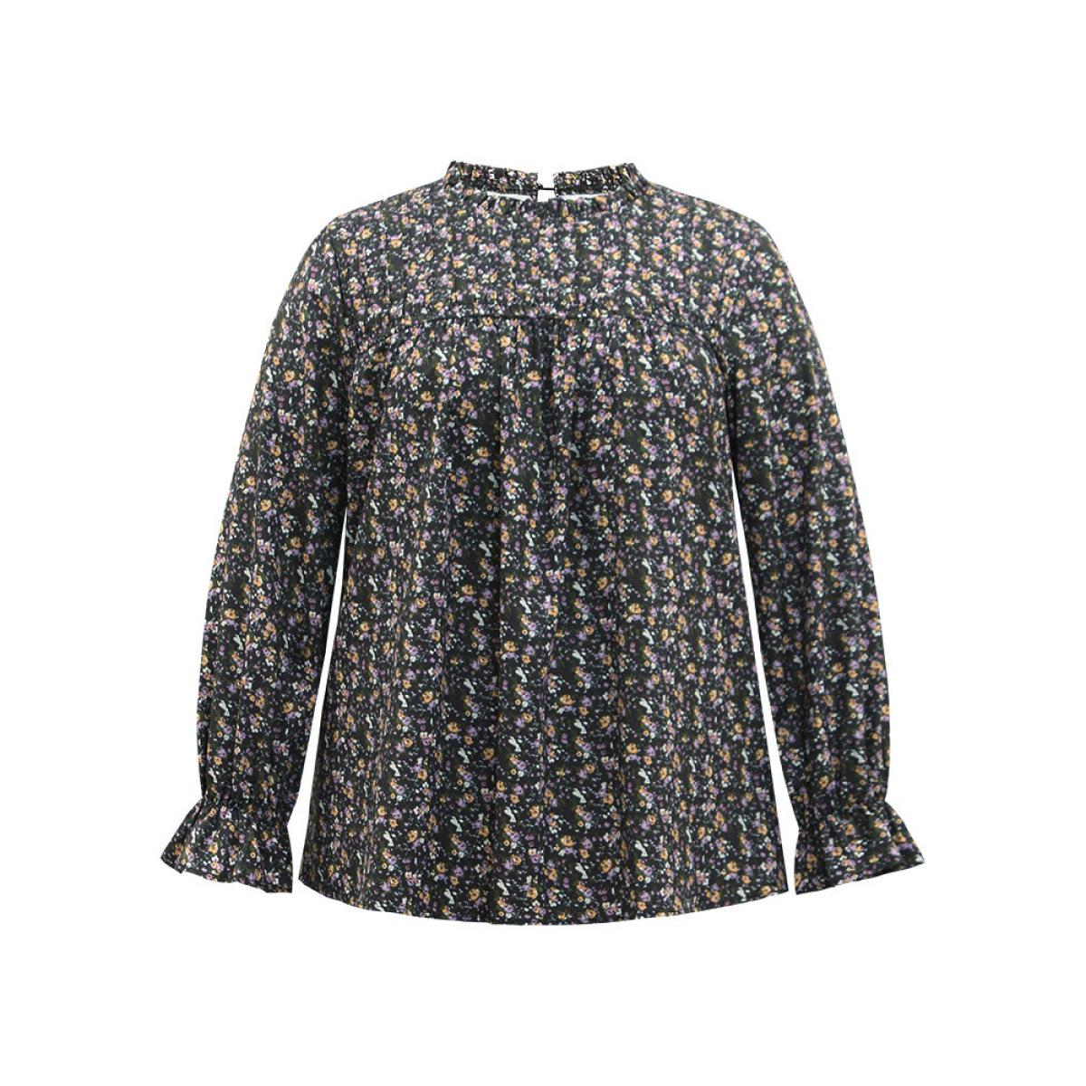 Plus Size Black Ditsy Floral Stand Collar Pleated Blouse Women Elegant Long Sleeve Stand-up collar Dailywear Blouses BloomChic 18-20/2X Product Image