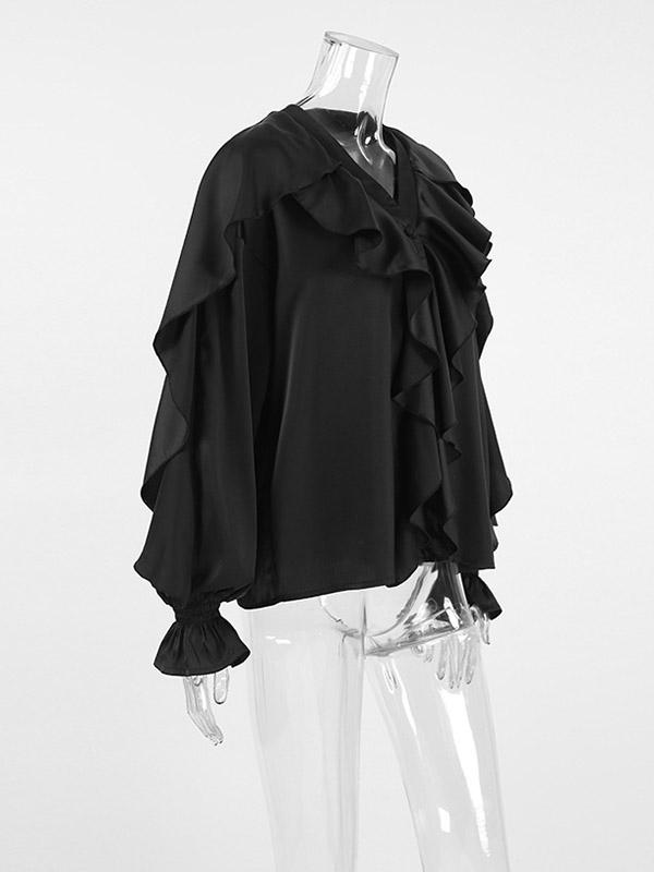 Loose Puff Sleeves Solid Color Split-Joint Tiered V-Neck Blouses&Shirts Tops Product Image