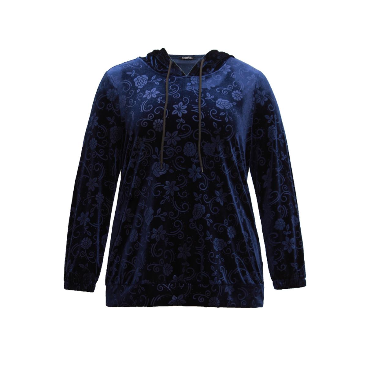 Plus Size Velvet Solid Floral Hooded Drawstring Sweatshirt Women Navy Elegant Elastic cuffs Hooded Dailywear Sweatshirts BloomChic 26/4X Product Image