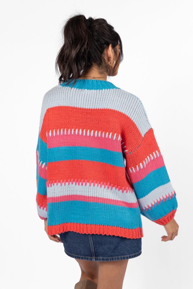 Something Extra Blue Multi Stripe Chunky Knit Stitch Detail Sweater FINAL SALE Product Image