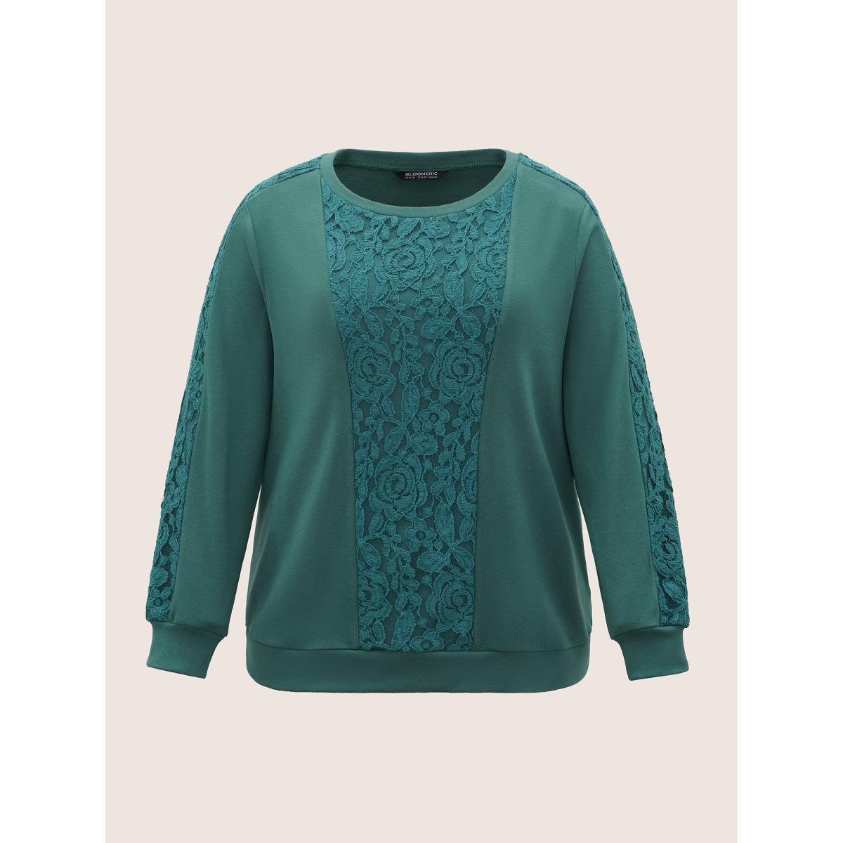 Plus Size Solid Lace Patchwork Crew Neck Sweatshirt Women Cyan Elegant Plain Round Neck Dailywear Sweatshirts BloomChic 22-24/3X Product Image
