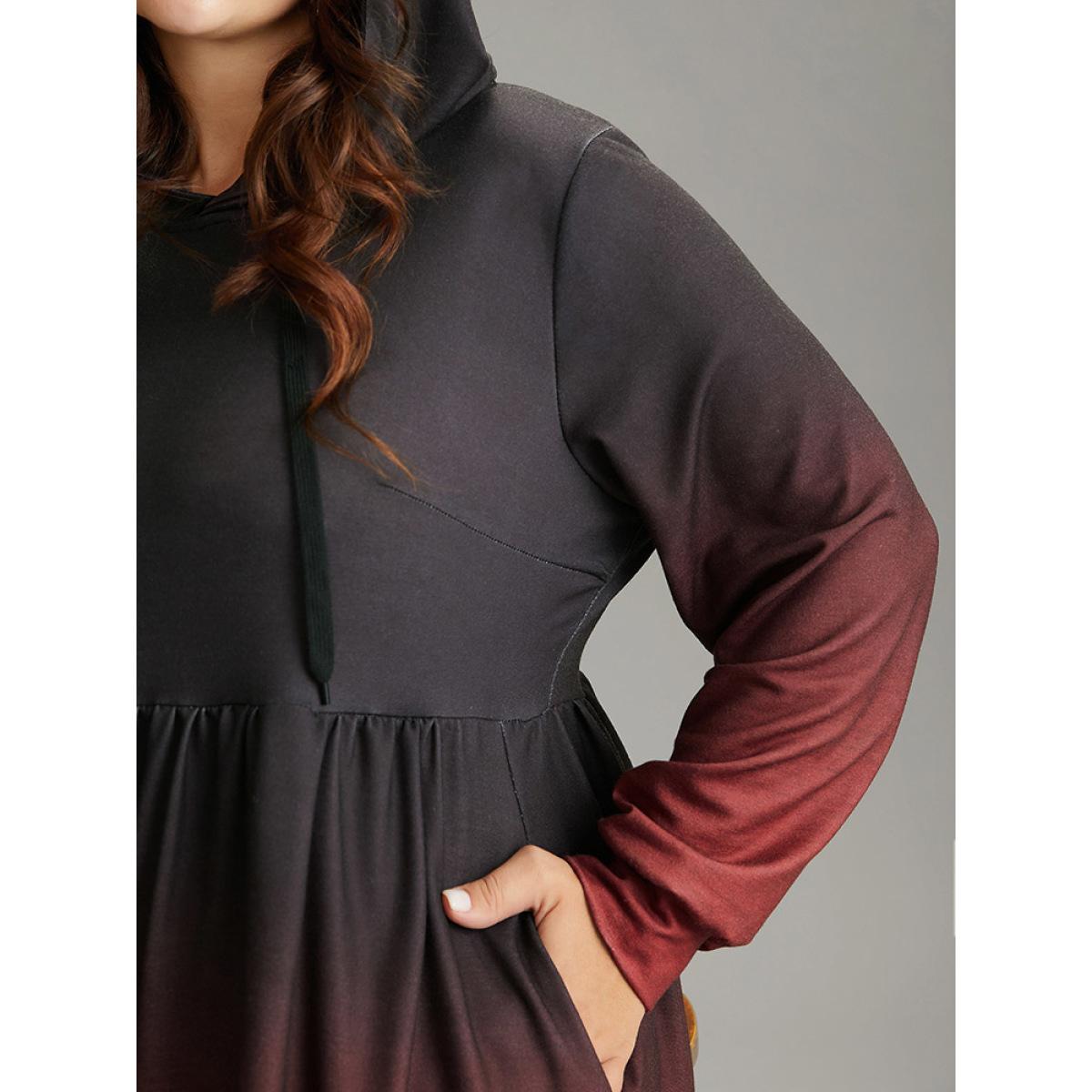 Plus Size Ombre Elastic Waist Drawstring Hooded Dress Scarlet Women Casual Printed Hooded Long Sleeve Curvy Midi Dress BloomChic 30/6X Product Image
