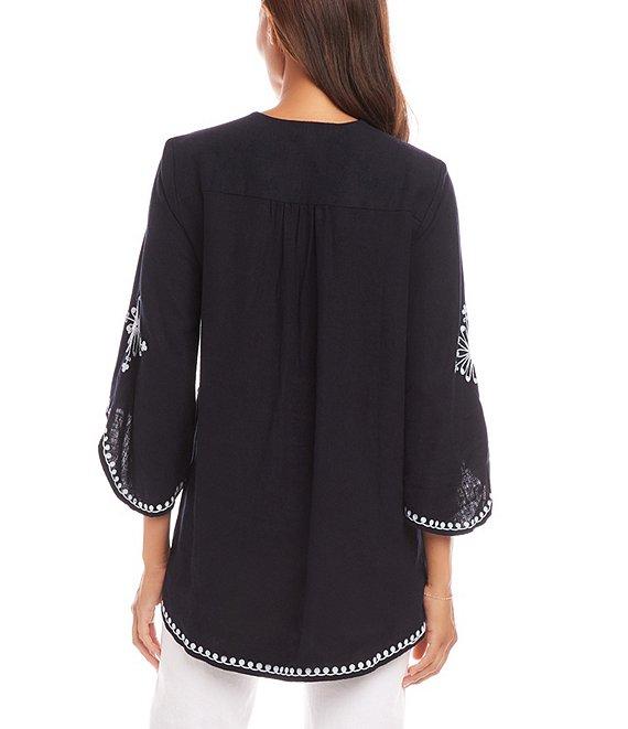 Karen Kane Embroidered V-Neck 3/4 Flare Sleeve Asymmetrical Top Product Image