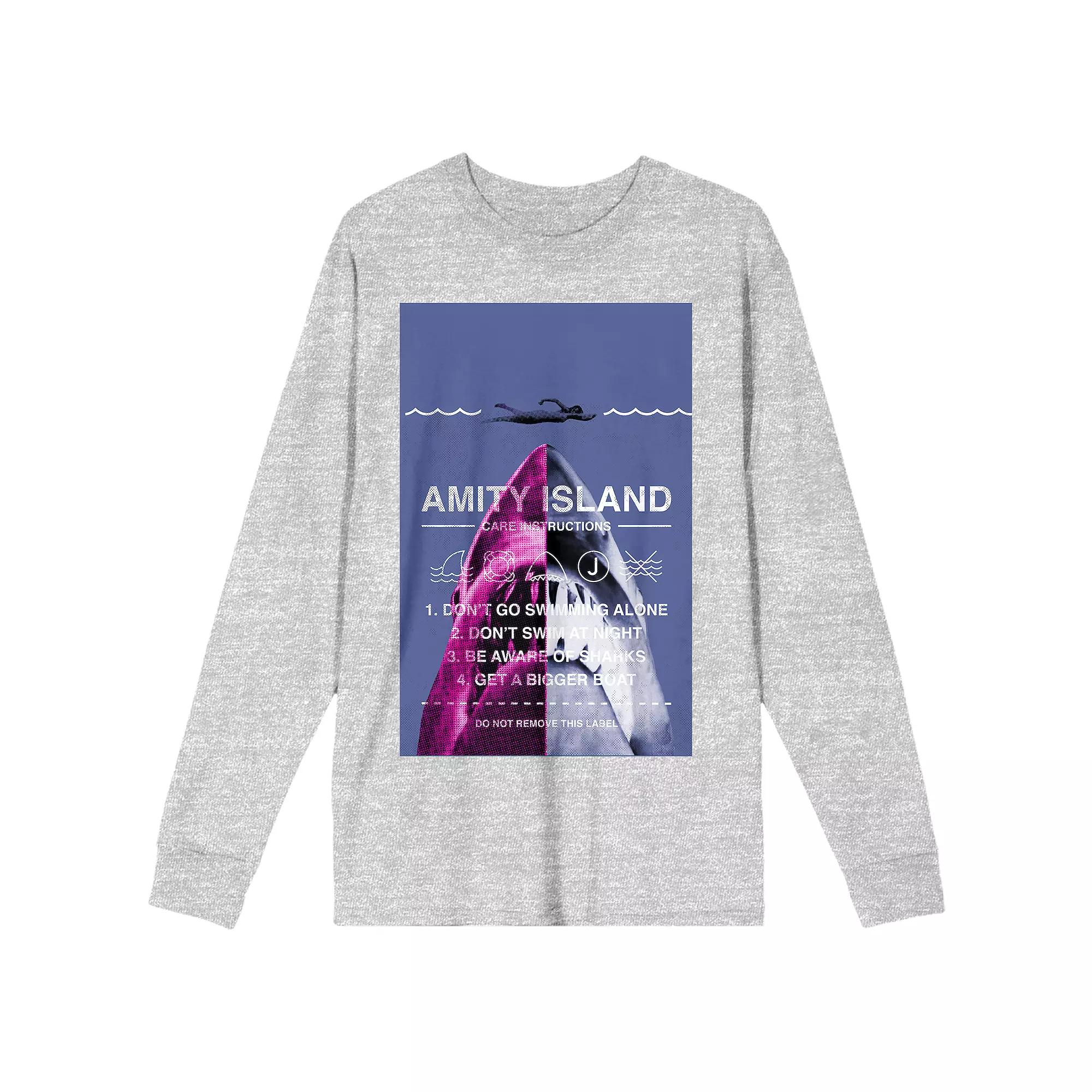 Men's Jaws Amity Island Care Long Sleeve Tee, Size: Small, Gray Product Image