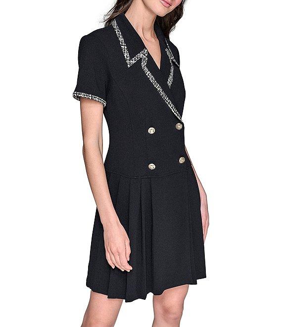 KARL LAGERFELD PARIS Scuba Crepe Notch Collared Short Sleeves Jacquard Piping Shirt Dress Product Image