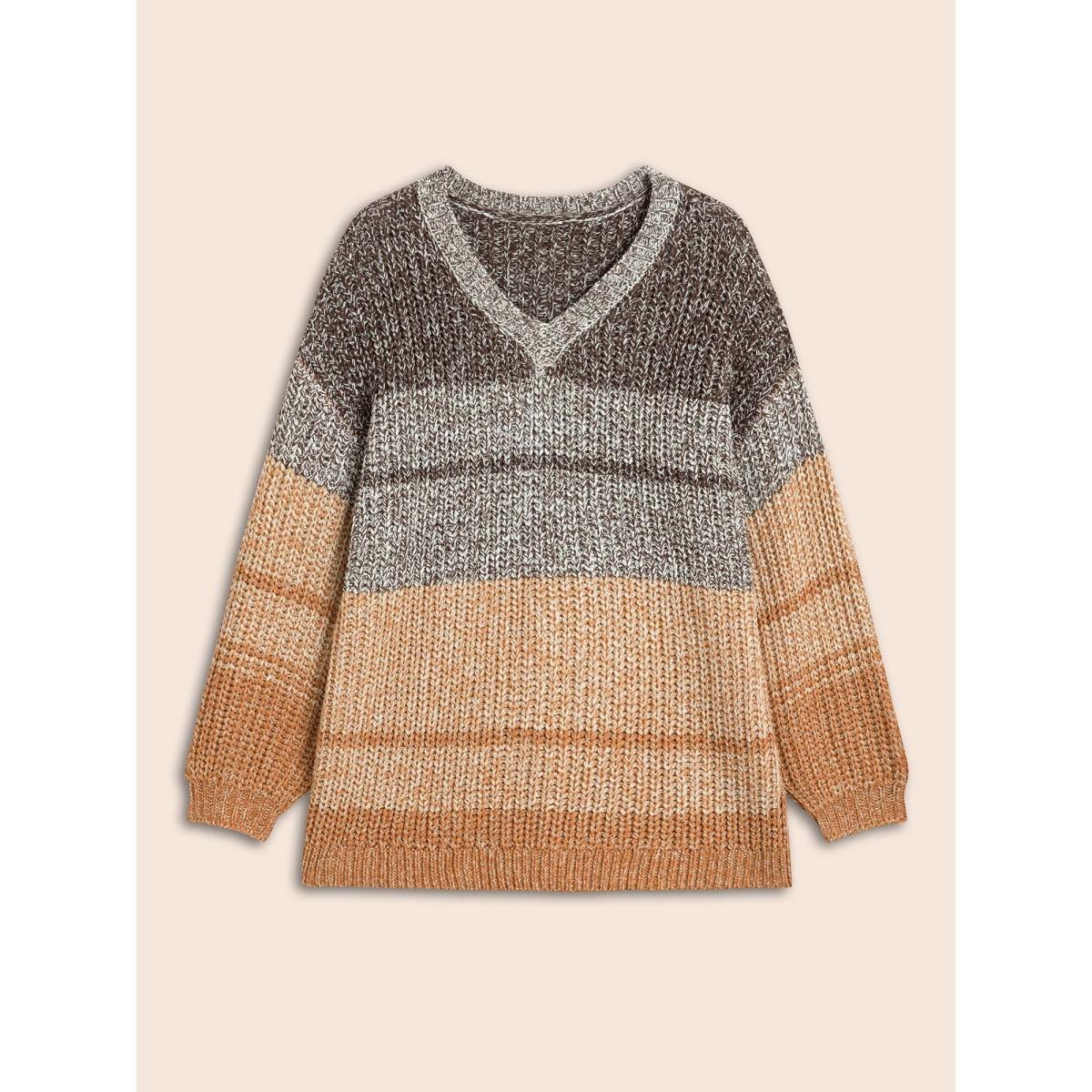 Plus Size Colorblock Contrast Puff Sleeve Pullover DarkBrown Women Casual Loose Long Sleeve V-neck Everyday Pullovers BloomChic 28/5X Product Image