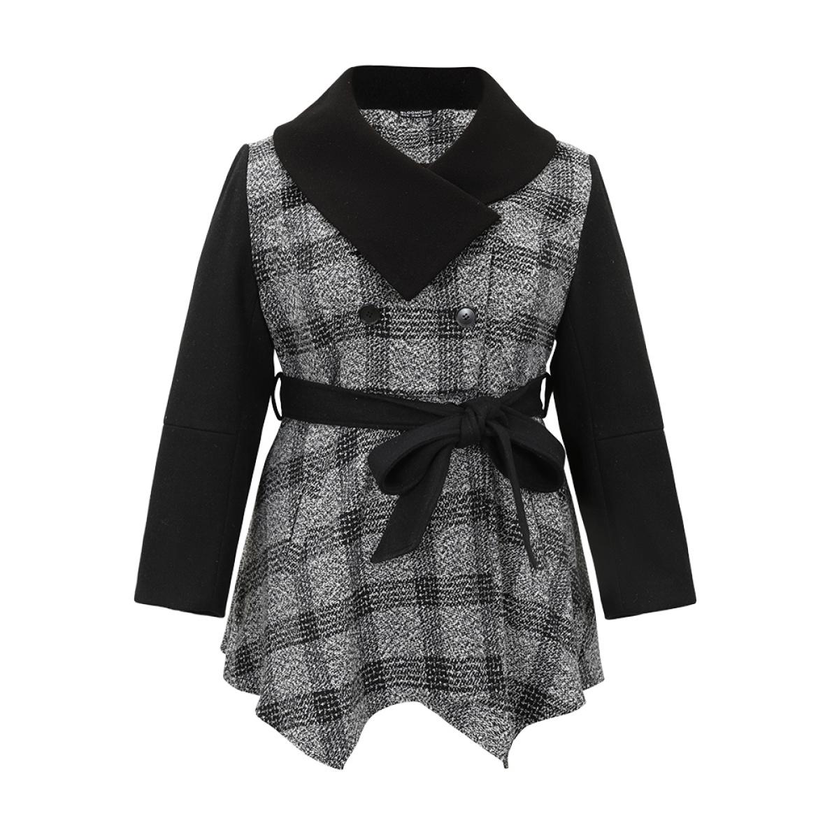 Plus Size Plaid Belted Lapel Collar Button Up Coat Women Black Casual Belted Ladies Dailywear Winter Coats BloomChic 30/6X Product Image
