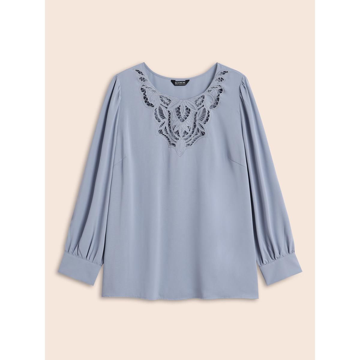 Plus Size Stone Plain Broderie Anglaise Gathered Blouse Women Elegant Long Sleeve Asymmetrical Neck Everyday Blouses BloomChic 26/4X Product Image