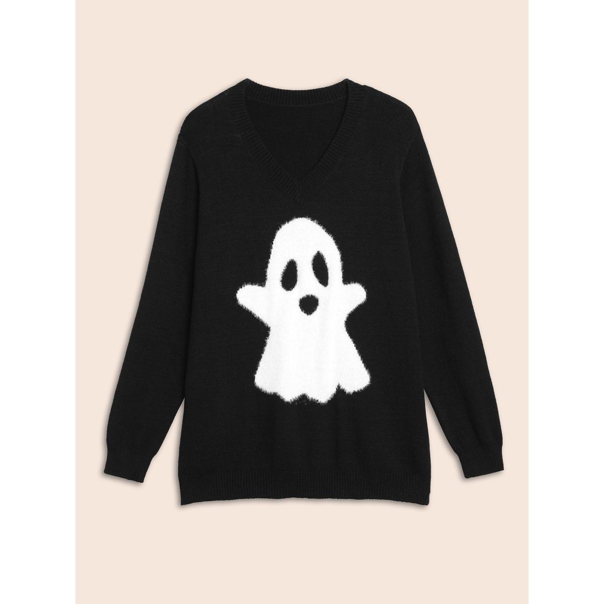 Plus Size Mink Touch Ghost Printed Pullover Black Women Playful Long Sleeve V-neck Casual Pullovers BloomChic 18-20/2X Product Image