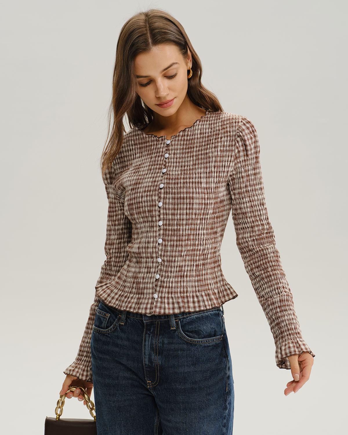 Brown Plaid Shirred Poet Sleeve Blouse Product Image