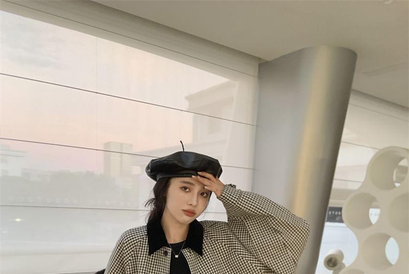 Gingham Contrast Collar Button-Up Shirt Jacket / High Waist Pleated Mini A-Line Skirt Product Image