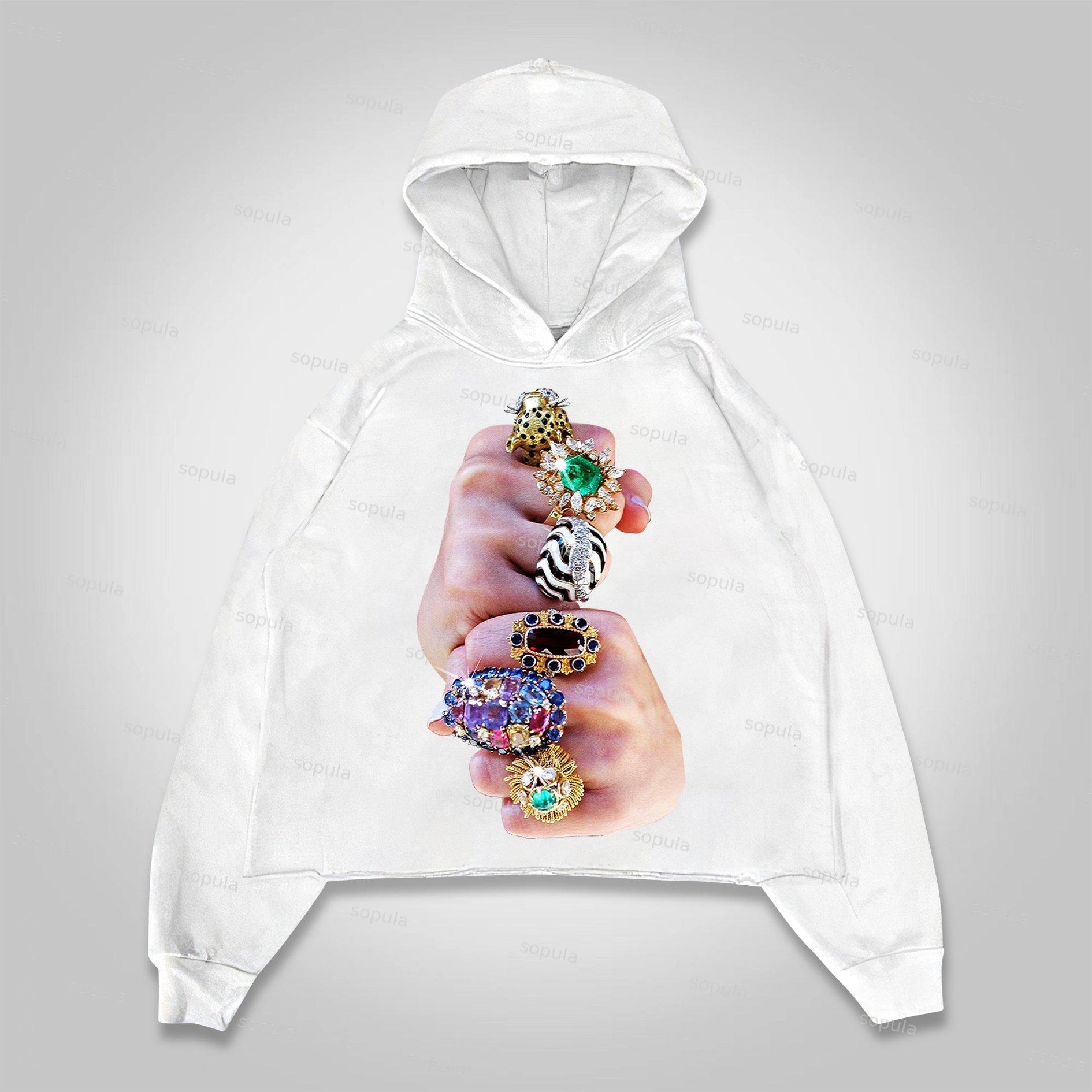 Sopula Finger Graffiti Diamond Ring Print Cropped Hoodie Product Image