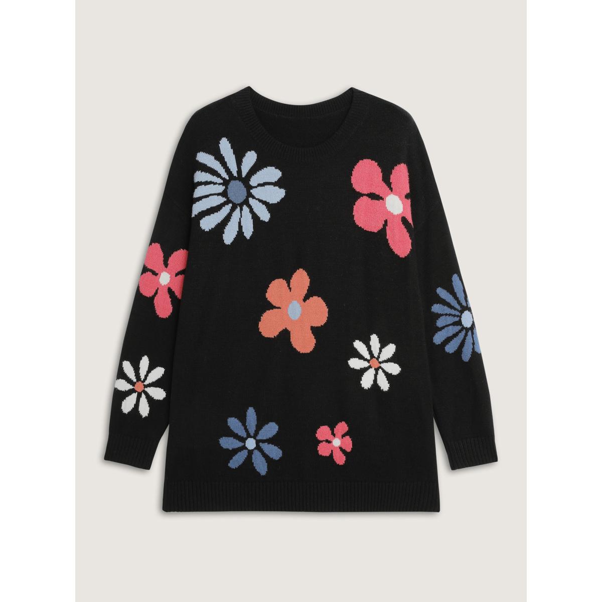 Plus Size Supersoft Large Flower Jacquard Pattern Pullover Black Women Playful Loose Long Sleeve Round Neck Casual Pullovers BloomChic 12/L Product Image
