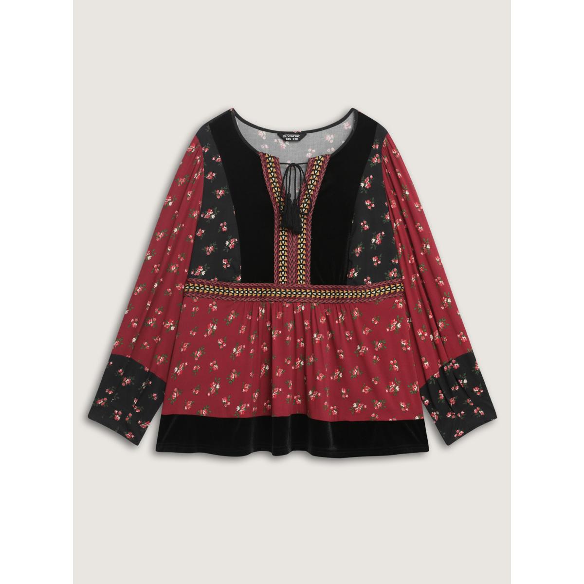 Plus Size Multicolor Floral Print Color Contrast Tie Blouse Women Long Sleeve Notched collar Vacation Blouses BloomChic 10/M Product Image