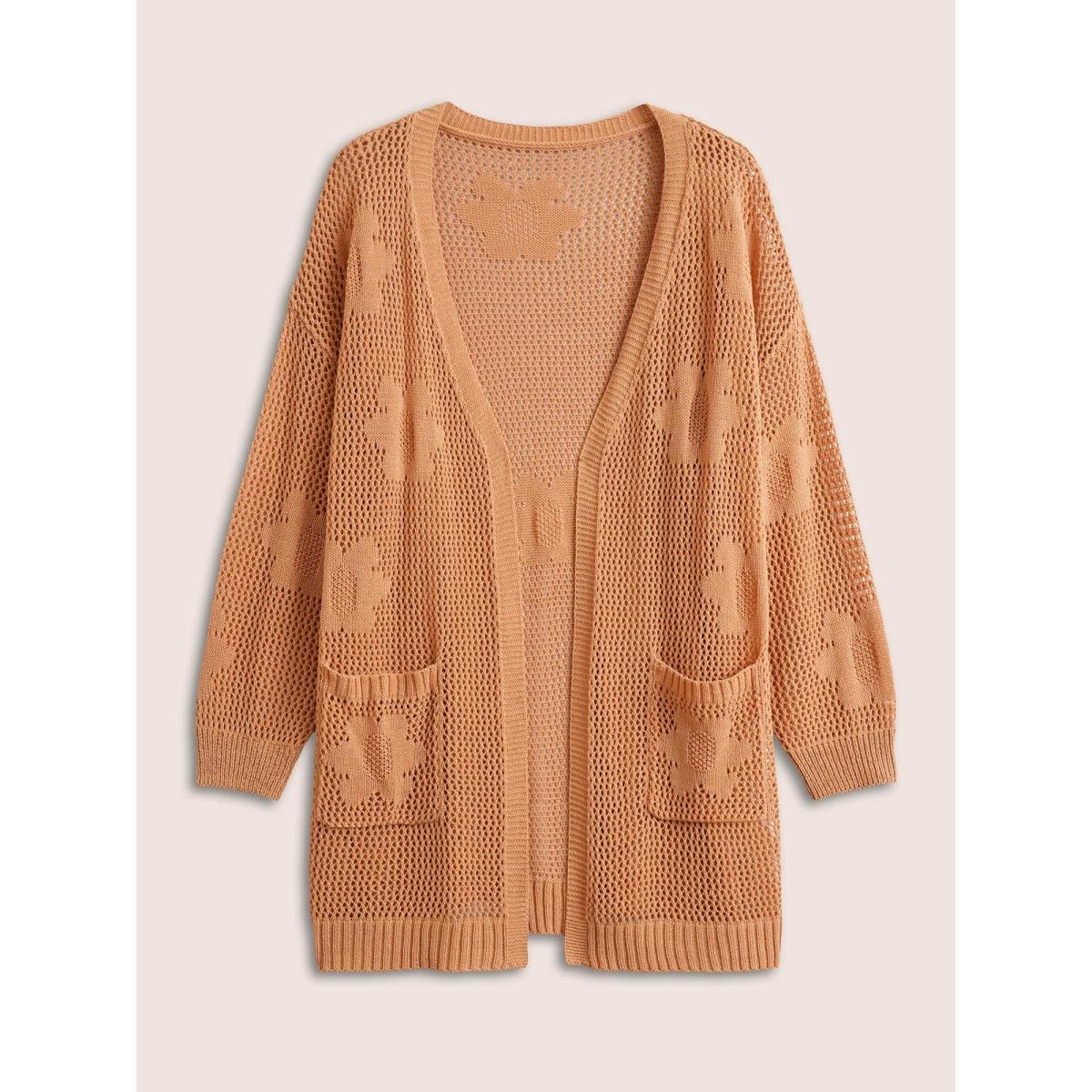 Plus Size Solid Floral Pocket Pointelle Knit Cardigan Coral Women Everyday Casual Cover Ups Bloomchic 14-16/1X Product Image
