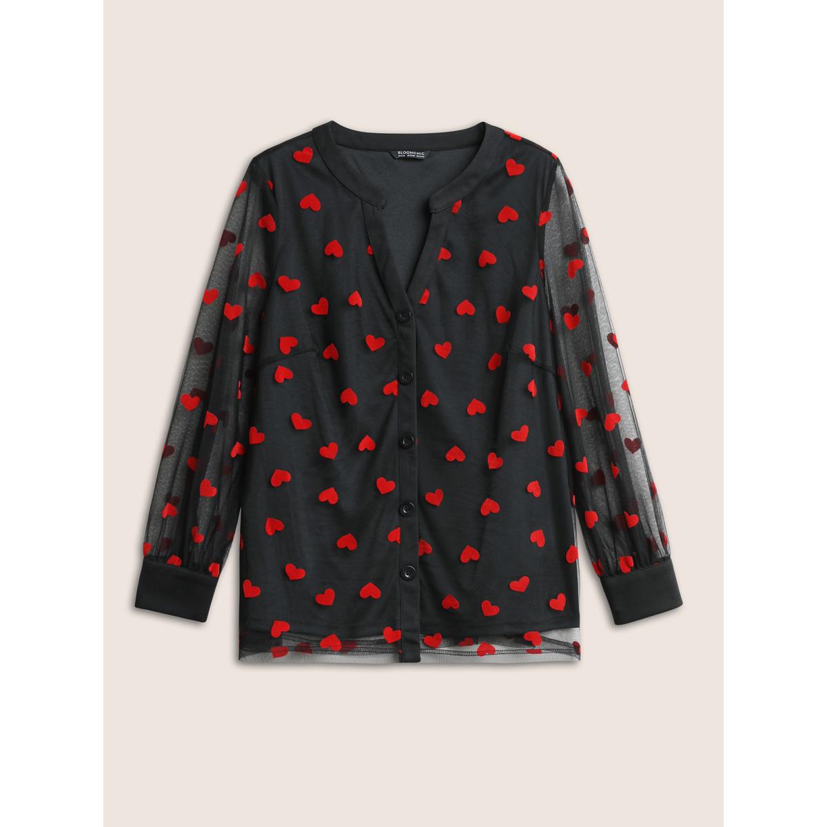 Plus Size Black Heart Mesh Patchwork V Neck Blouse Women Cocktail Long Sleeve V-neck Party Blouses BloomChic 10/M Product Image