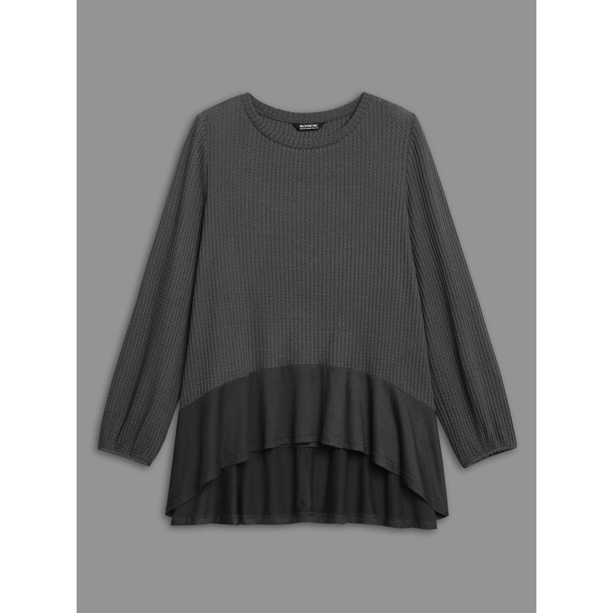 Plus Size Waffle Knit Patchwork High Low Hem T-shirt DimGray Women Casual Texture Round Neck Loose Everyday T-shirts BloomChic 14-16/1X Product Image