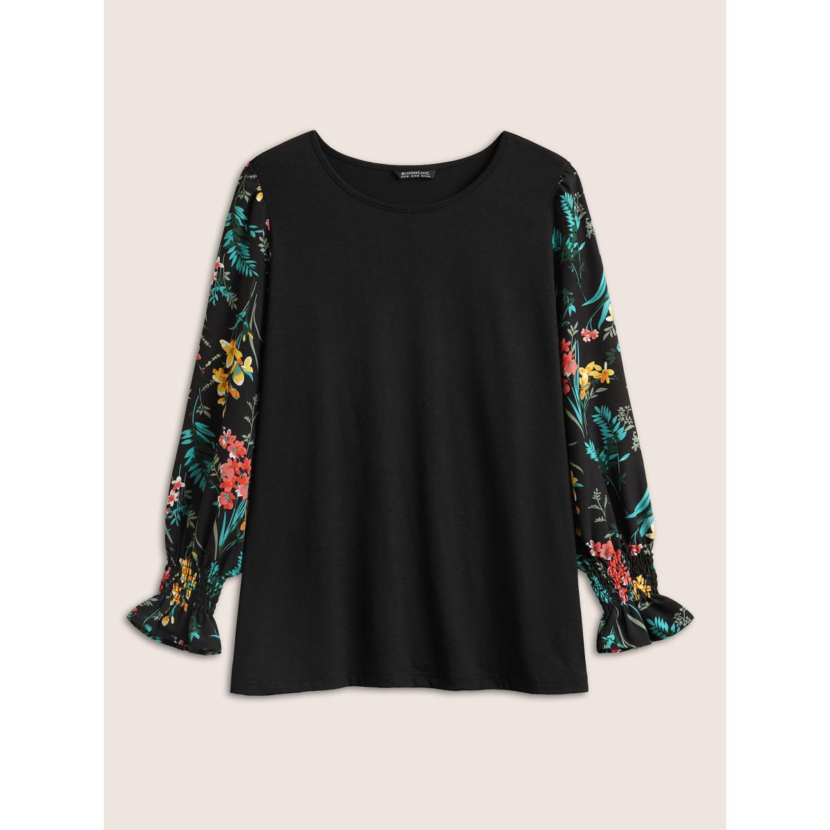 Plus Size Floral Patchwork Shirred Round Neck T-shirt Black Women Elegant Patchwork Floral Round Neck Everyday T-shirts BloomChic 26/4X Product Image