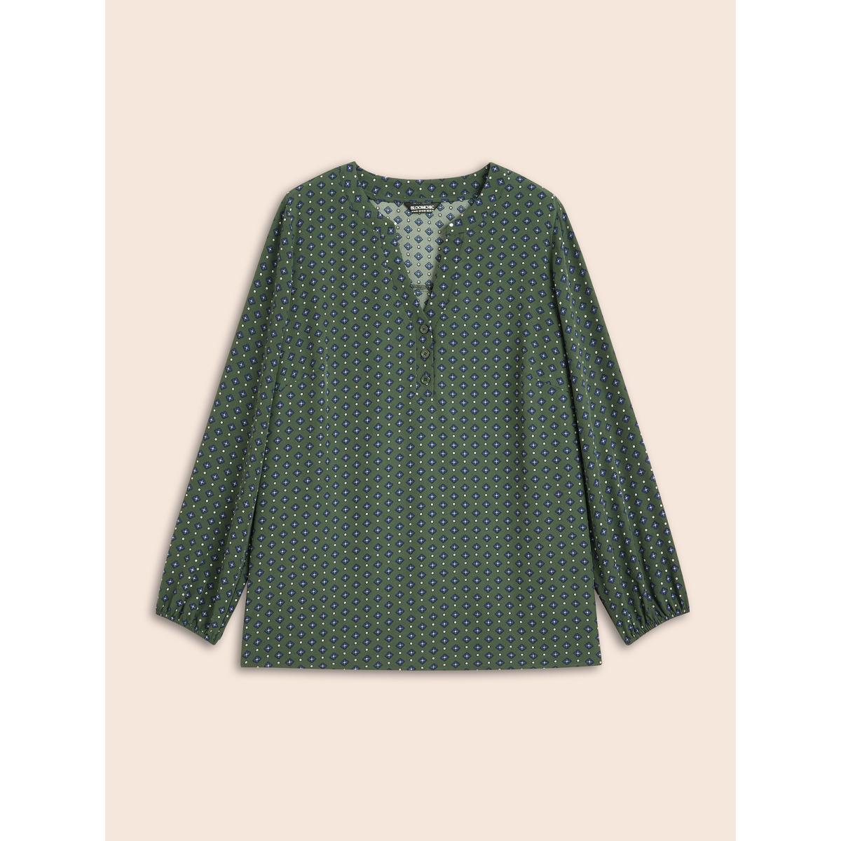 Plus Size ArmyGreen Notched Geometric Button Up Blouse Women At the Office Extra Long Sleeve Notched collar Office Blouses BloomChic 28/5X Product Image