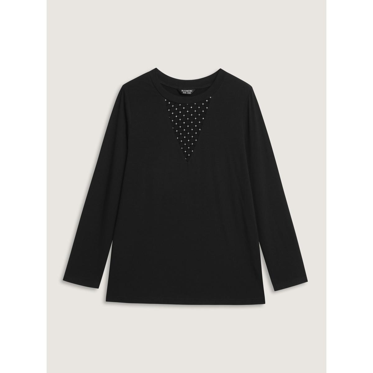 Plus Size Sheer Mesh Sequin Fitted T-Shirt Black Women Timeless Round Neck Bodycon Elegant T-shirts BloomChic 28/5X Product Image