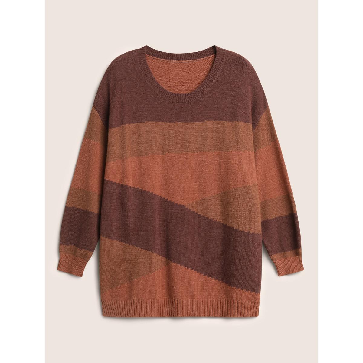 Plus Size Supersoft Essentials Colorblock Contrast Drop Shoulder Pullover Rust Women Casual Long Sleeve Round Neck Everyday Pullovers BloomChic 26/4X Product Image