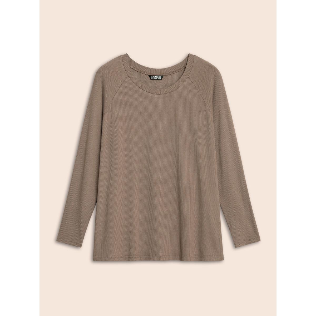 Plus Size Solid Pit Strip Raglan Sleeve T-shirt DarkBrown Women Casual Texture Non Everyday T-shirts BloomChic 22-24/3X Product Image