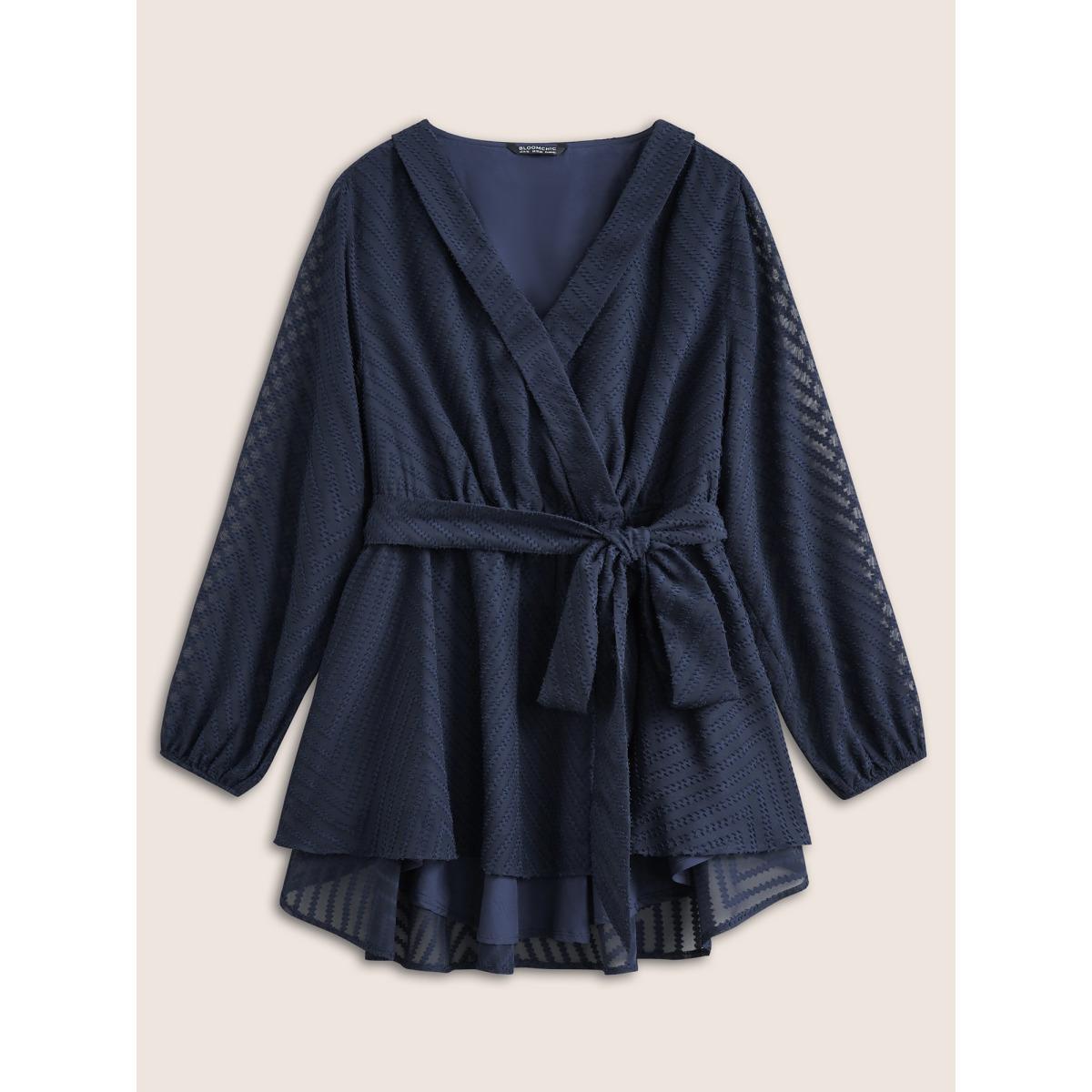 Plus Size Indigo Plain Textured High Low Hem Ties Blouse Women Office Long Sleeve Overlap Collar Office Blouses BloomChic 12/L Product Image