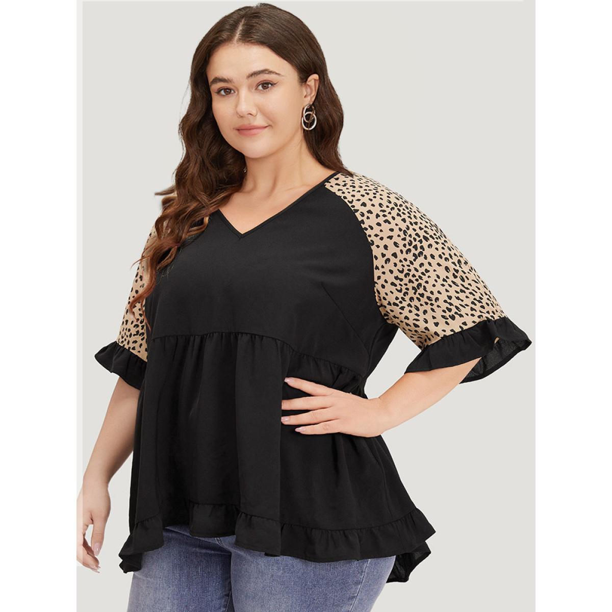 Plus Size Multicolor Leopard Print Raglan Sleeve Gathered Ruffle Trim Blouse Women Elegant Half Sleeve V-neck Dailywear Blouses BloomChic 18-20/2X Product Image