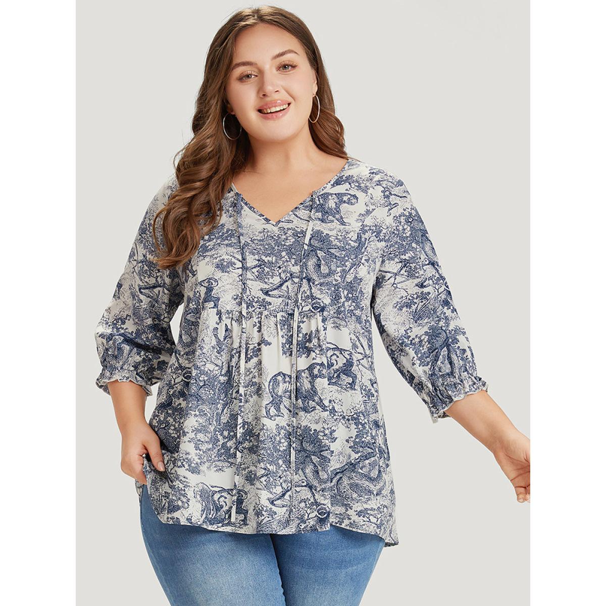 Plus Size Multicolor Print Knot Neck Lantern Sleeve Ruffle Hem Blouse Women Vacation Half Sleeve V-neck Dailywear Blouses BloomChic 18-20/2X Product Image