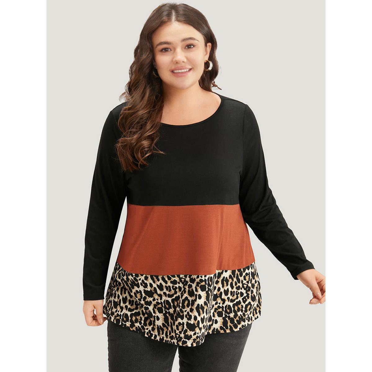 Plus Size Colorblock Leopard Contrast Round Neck T-shirt Chocolate Women Casual Contrast Leopard Round Neck Everyday T-shirts BloomChic 18-20/2X Product Image