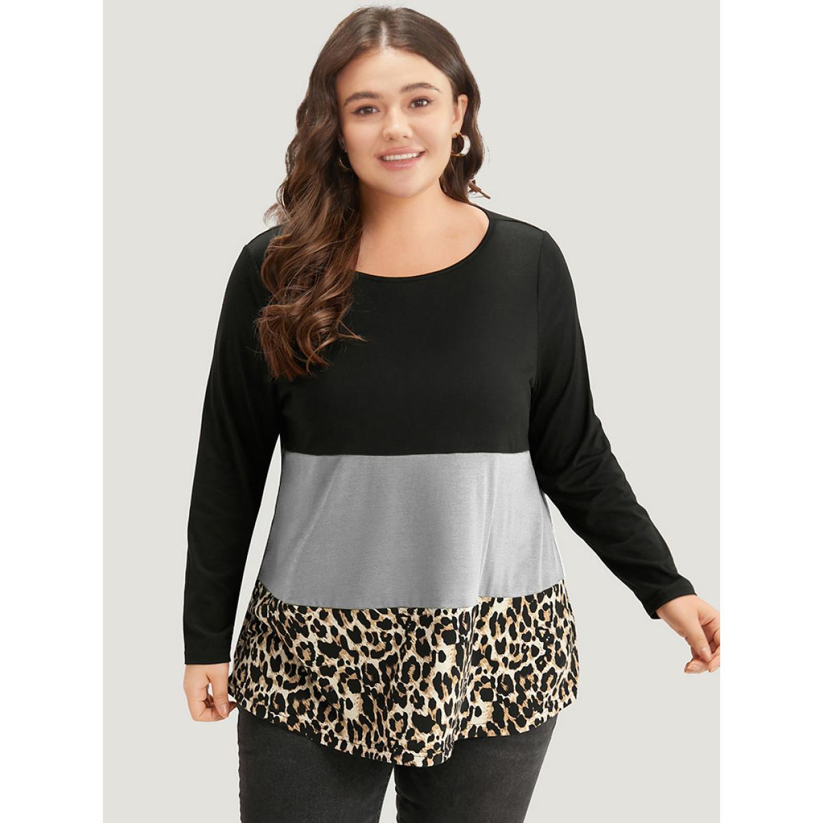 Plus Size Colorblock Leopard Contrast Round Neck T-shirt Gray Women Casual Contrast Leopard Round Neck Everyday T-shirts BloomChic 12/L Product Image