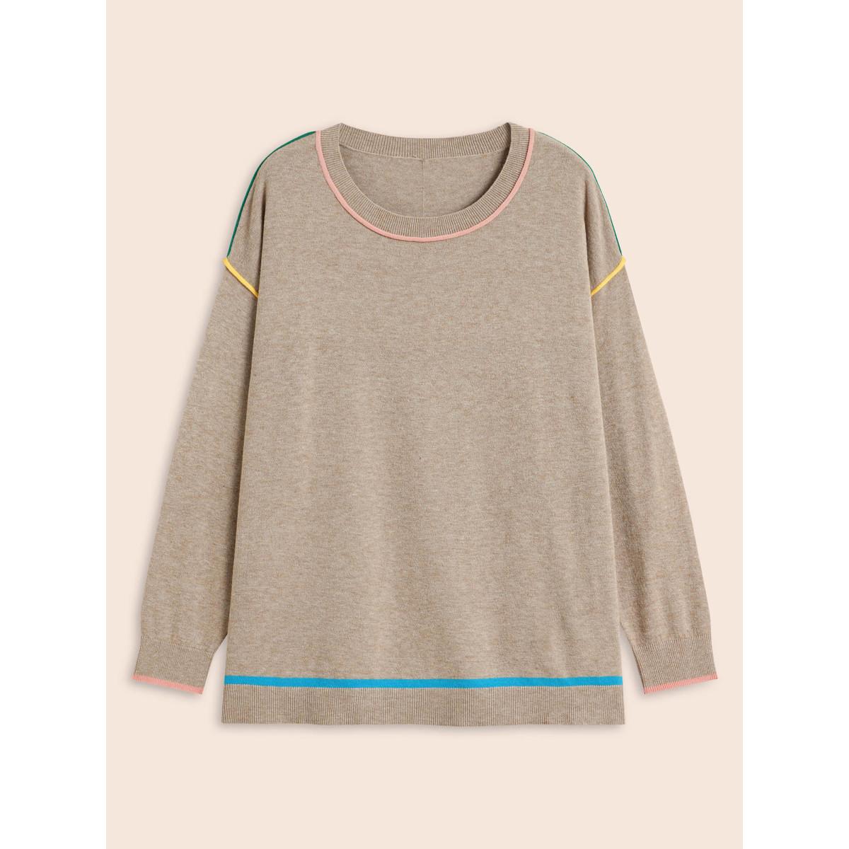 Plus Size Supersoft Essentials Contrast Trim Drop Shoulder Pullover Champagne Women Leisure Long Sleeve Round Neck Casual Pullovers BloomChic 22-24/3X Product Image