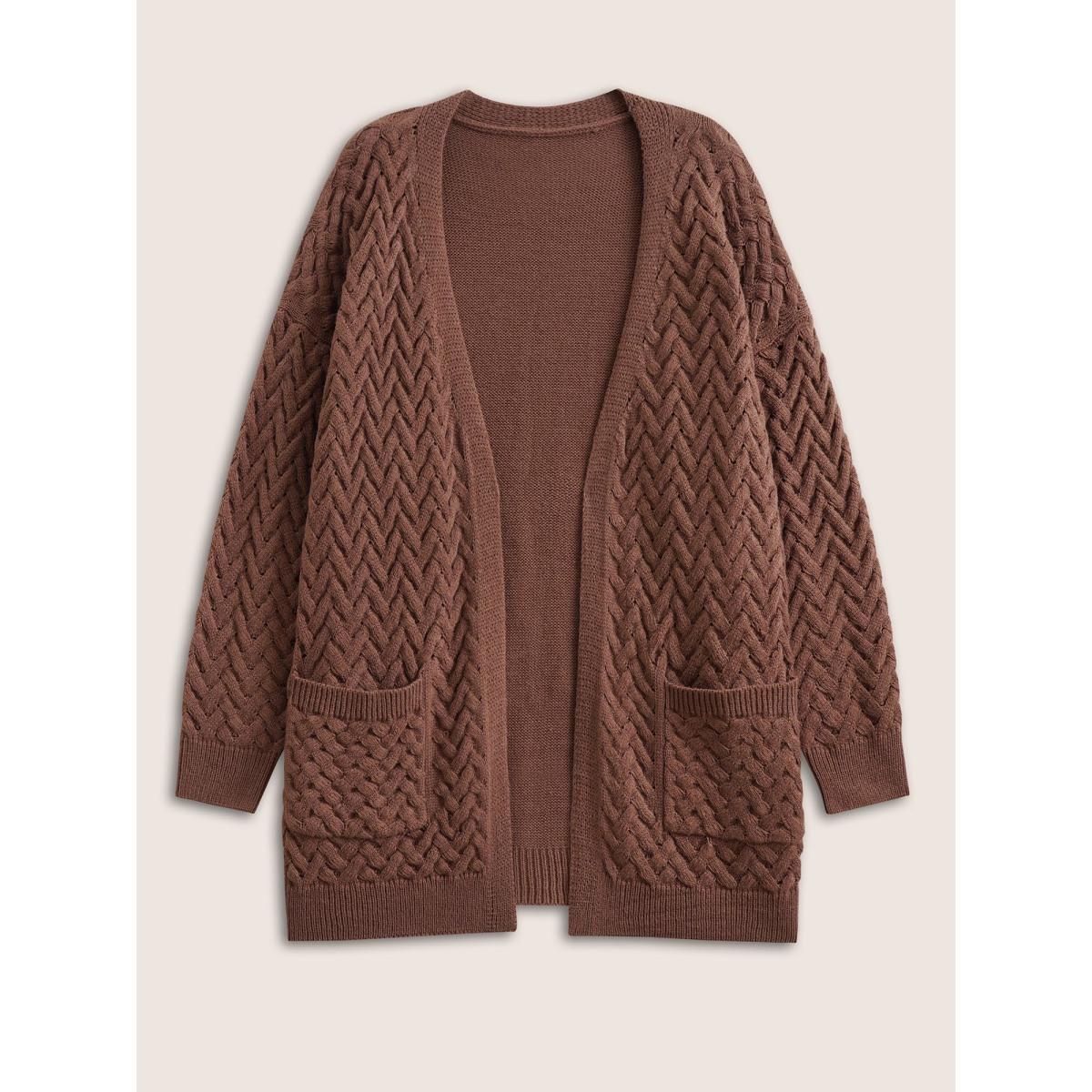 Plus Size Solid Open Front Pocket Crochet Cardigan Burgundy Women Casual Loose Long Sleeve Dailywear Cardigans BloomChic 26/4X Product Image