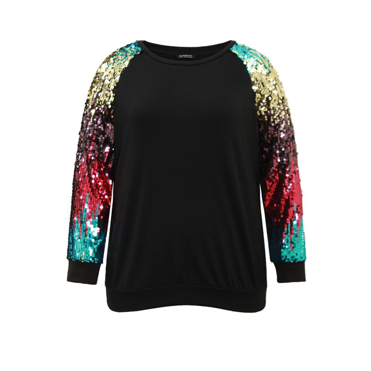 Plus Size Rainbow Sequin Patchwork Raglan Sleeve Sweatshirt Women Black Cocktail Sequin Round Neck Party Sweatshirts BloomChic 22-24/3X Product Image