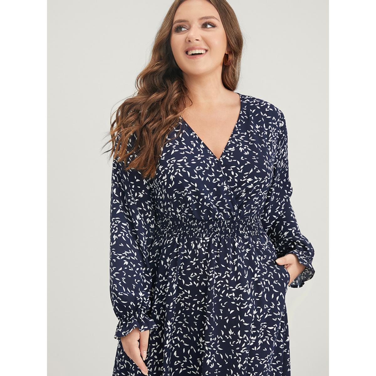 Plus Size Plant Print Pocket Lantern Sleeve Wrap Shirred Dress Indigo Women Elegant Shirred V-neck Long Sleeve Curvy Midi Dress BloomChic 26/4X Product Image