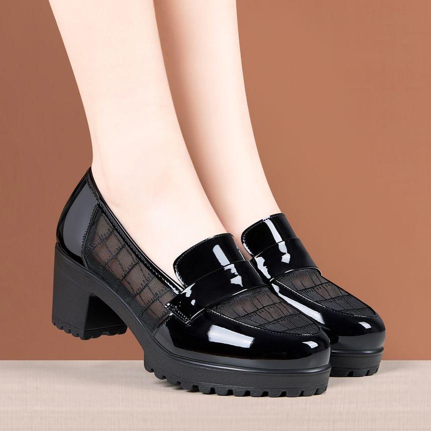 Platform Patent Leather Panel Mesh Block Heel Loafers Product Image