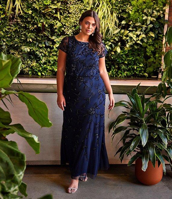 Adrianna Papell Plus Size Short Sleeve Boat Neck Beaded Blouson Gown Product Image