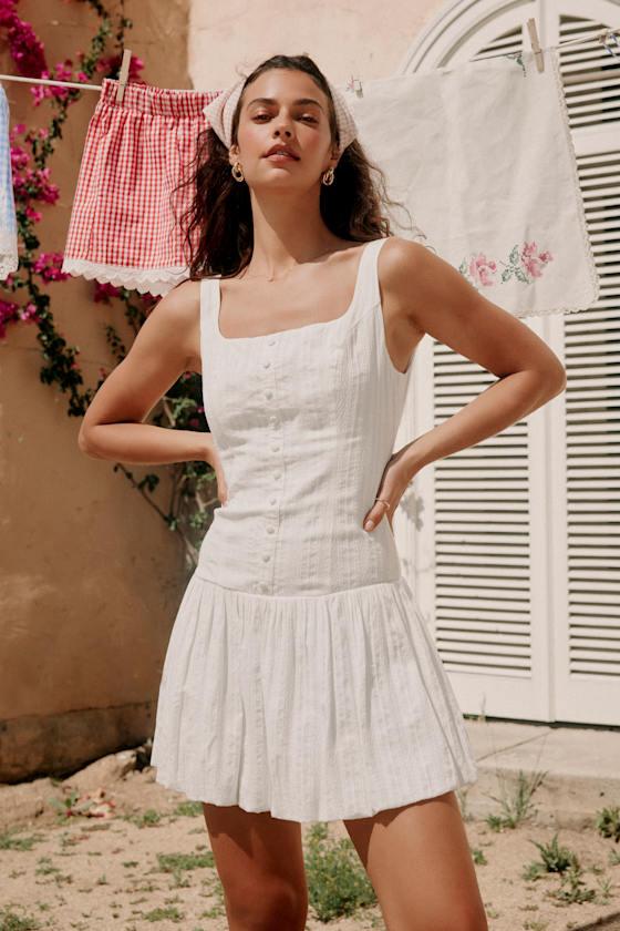 Khamari White Textured Drop Waist Bubble-Hem Mini Dress Product Image