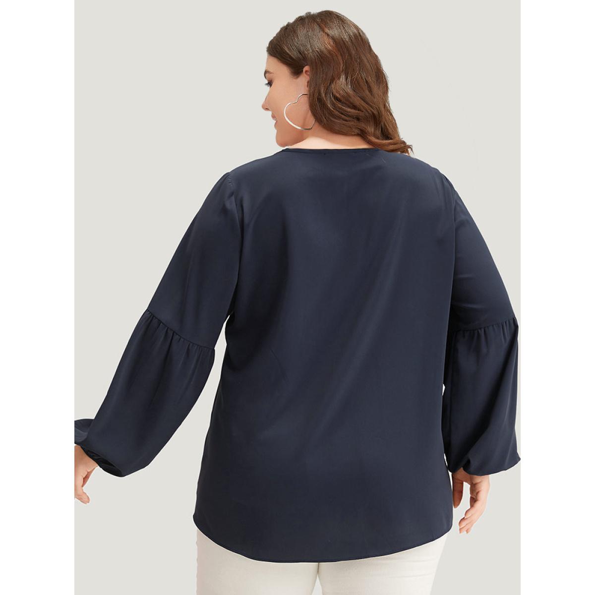 Plus Size Indigo Solid Elastic Cuffs Lace Up Blouse Women Office Long Sleeve V-neck Office Blouses BloomChic 10/M Product Image