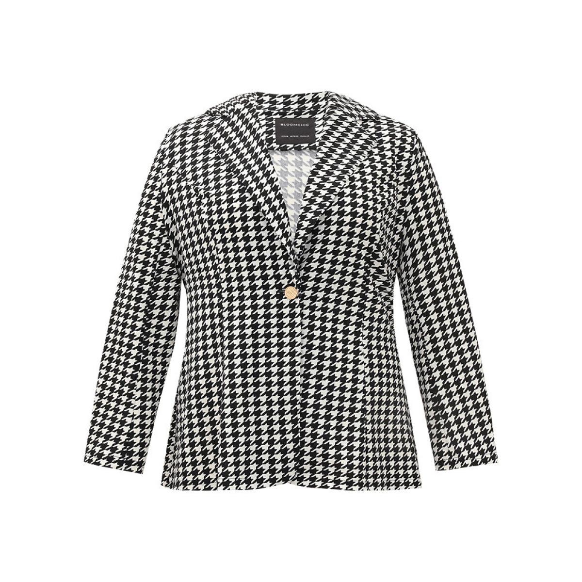 Plus Size Houndstooth Button Up Suit Collar Blazer Black Women Dailywear Houndstooth Contrast Sleeve Long Sleeve Suit Collar 28/5X Casual Blazers BloomChic Product Image