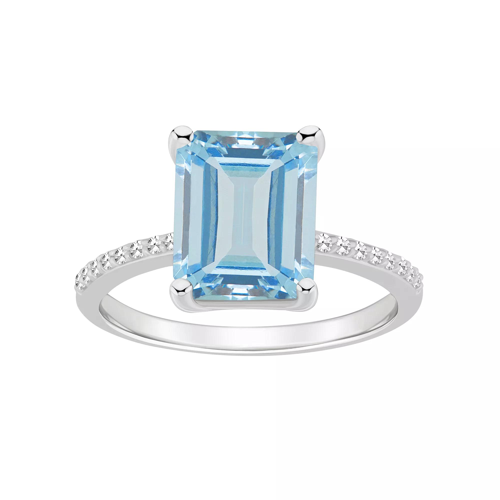 Alyson Layne Sterling Silver 10 mm x 8 mm Emerald Cut Gemstone & 1/10 Carat T.W. Diamond Ring, Women's, Blue Topaz Product Image