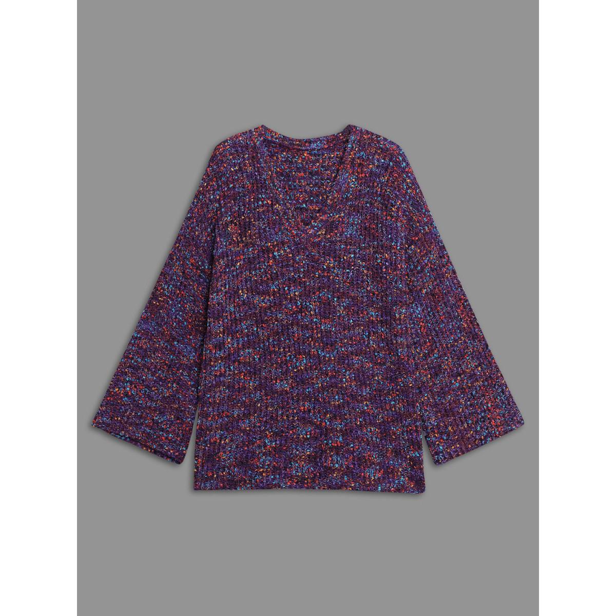 Plus Size Round Neck Heather Bell Sleeve Pullover Deeppurple Women Elegant Loose Long Sleeve V-neck Everyday Pullovers BloomChic 28/5X Product Image