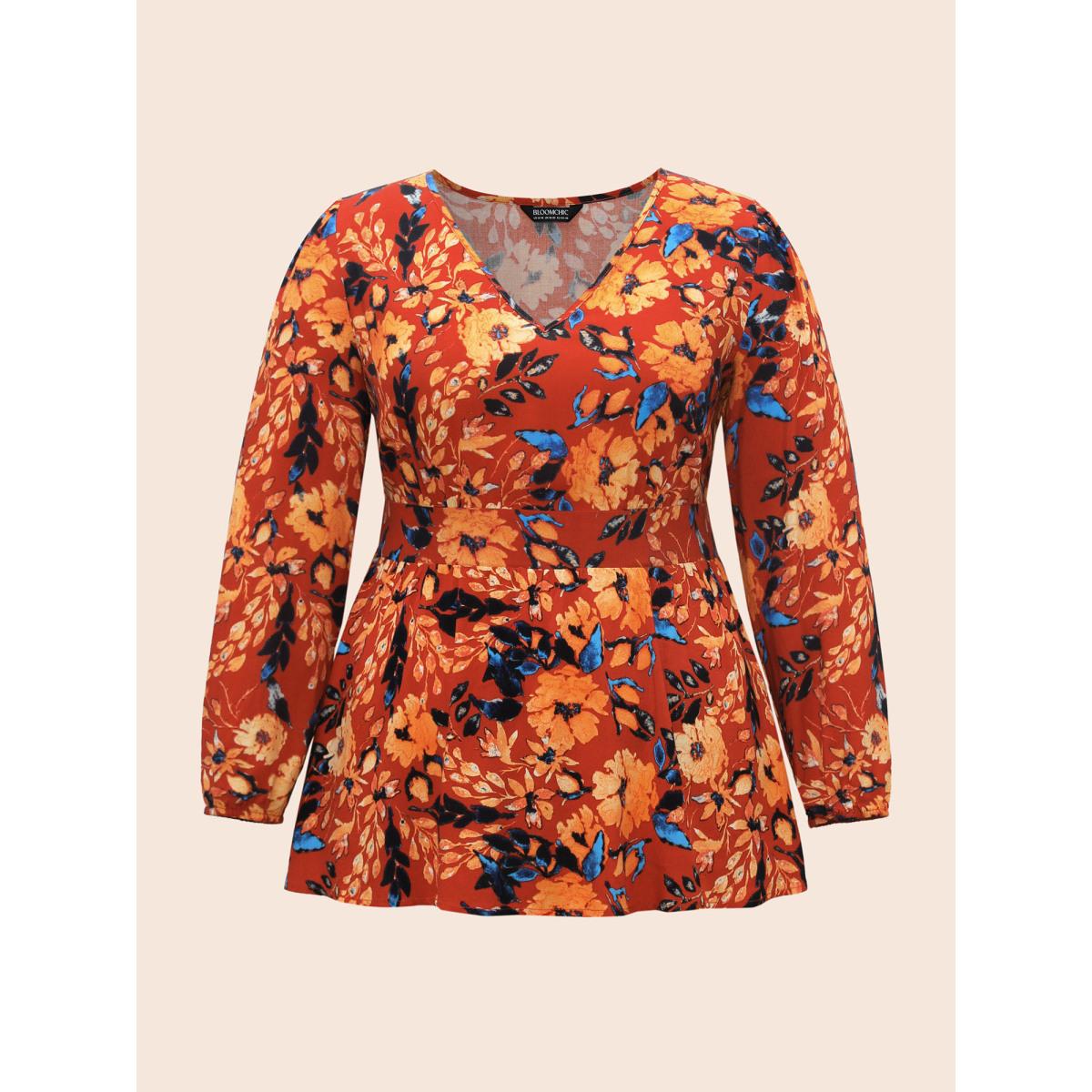 Plus Size Multicolor Floral Shirred Gathered Lantern Sleeve Blouse Women Elegant Long Sleeve V-neck Everyday Blouses BloomChic 22-24/3X Product Image