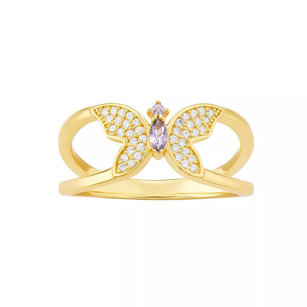 PRIMROSE 18k Gold Over Silver Cubic Zirconia Butterfly Ring, Women's, Size: 9, Gold Tone Purple Product Image